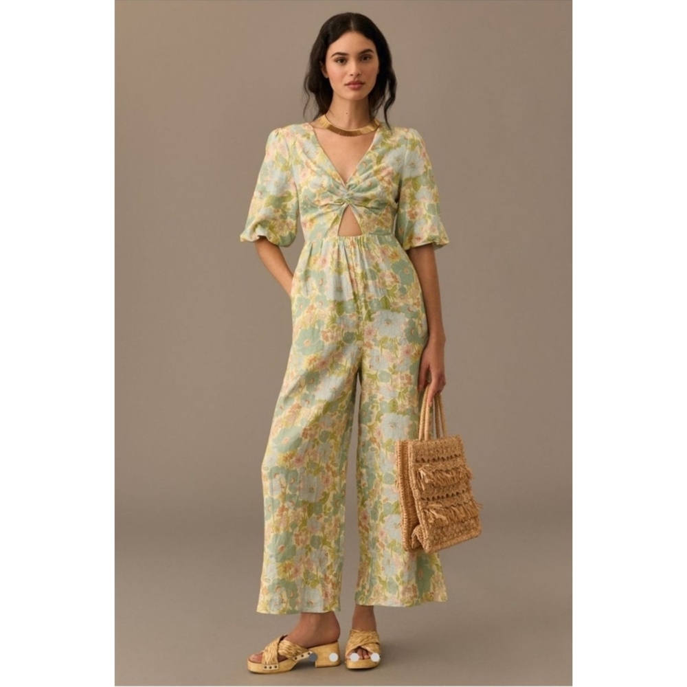 Anthropologie Sancia The Aida Floral Jumsuit Wideleg Linen Floral Cutout Boho